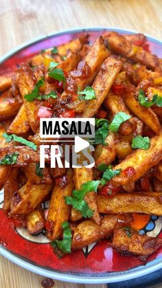 masala fries on a red plate with parsley