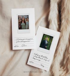 two wedding photos are laying next to each other on a fur - lined bed sheet