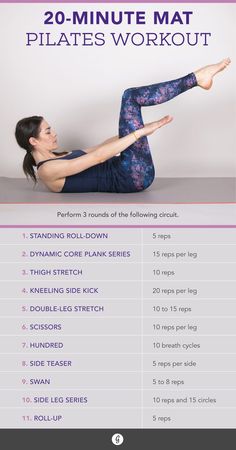 the 20 minute mat pilates workout is shown with instructions for how to do it