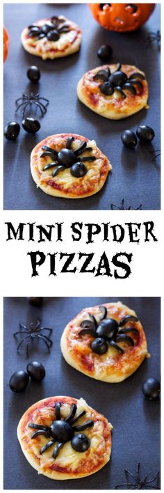 mini spider pizzas with black olives on top and in the middle for halloween