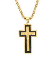 Two-Tone Stainless Steel Crucifix Pendant Necklace Gold Stainless Steel Crucifix Jewelry, Black Stainless Steel, Metal Necklaces, Curb Chain, Cross Necklace, Access Denied, Two Tone, On Sale, Necklaces