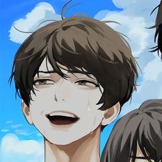 two anime characters with their mouths open in front of a blue sky and white clouds