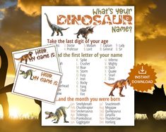 an image of dinosaurs in the sky with their name and description card for each dinosaur