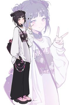 two anime characters one holding a cell phone and the other pointing at something with her finger