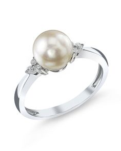 Akoya Pearl & Diamond Grace Ring Formal White Pearl Ring, White Akoya Pearl Ring With Pearl Drop, White Diamond Pearl Drop Ring, White Pearl Diamond Ring With Pearl Drop, White Pearl Ring With Diamond, Fine Jewelry Pearl Ring In Diamond White, Fine Jewelry Diamond White Pearl Rings, Pearl White Diamond Pearl Ring With Drop Detail, Timeless Pearl White Pearl Ring