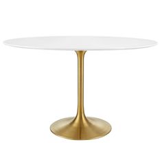 a white and gold table with a round base