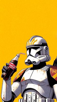 a star wars character holding a soda bottle