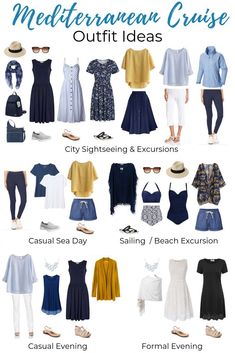 an image of different types of clothes and shoes for the mediterranean cruise outfit ideas guide