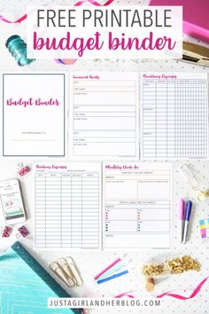 the free printable budget binder is on top of a desk with pens, scissors and other items