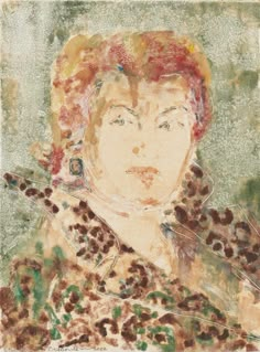 a painting of a woman with red hair and leopard print on it's coat