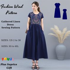 a woman in a blue dress standing next to a vase with flowers on it and the words fashion wind pattern gathered linen dress sewing pattern