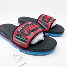 Fila Lunar Sandals Mens Black & Prince Blue Molded Logo Sliders Summer, Size 11 New With Tag And In Box. Synthetic Molded Logos On Strap, Midsole, And Outsole Speckled Bnlgsf 26-B Casual Multicolor Sport Sandals With Removable Insole, Red Sporty Sandals For Streetwear, Sporty Red Sandals For Streetwear, Red Synthetic Sandals For Streetwear, Casual Black Sandals With Red Sole, Red Casual Sandals For Streetwear, Casual Beach Slides With Red Sole, Casual Multicolor Sport Sandals With Cushioned Footbed, Summer Slides With Red Sole