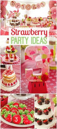 strawberry themed birthday party with cupcakes and cakes