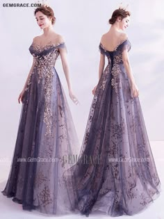 Purple Tulle Prom Evening Dress, Purple Tulle Evening Dress For Prom, Blue Glitter Tulle Ball Gown For Prom, Elegant Blue Gown In Glitter Tulle, Floor-length Tulle Evening Dress With Illusion Neckline, Floor-length Glitter Tulle Evening Dress For Prom, Tulle Ball Gown With Illusion Neckline For Prom, Homecoming Tulle Evening Dress With Sweep Train, Tulle Evening Dress For Homecoming Party