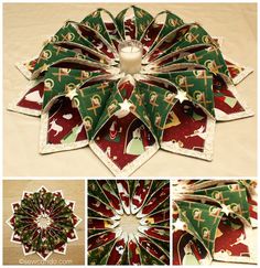 four different pictures of christmas decorations on a table with white and red paper, one is folded in the shape of a snowflake