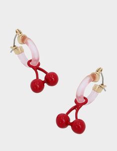 Playful pink huggie hoop earrings featuring dangling cherry cluster charm perfect for everyday. Earrings have a click-top closure. Made from metal, plastic and glass. Metal/Plastic/Glass Click-top 1.25" L 0.1"-0.5" W Imported Playful Red Dangle Jewelry, Trendy Clip-on Dangle Hoop Earrings, Trendy Cherry Dangle Earrings, Trendy Cherry-colored Earrings, Trendy Clip-on Hoop Earrings, Trendy Red Hoop Earrings For Everyday, Trendy Dangle Clip-on Hoop Earrings, Trendy Red Dangle Hoop Earrings, Trendy Cherry Adjustable Jewelry