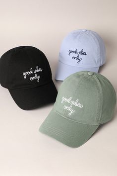 Get ready to spread good vibes everywhere you go with our Good Vibes Only Baseball Cap! This 100% cotton cap features embroidered letters that spell out "Good Vibes Only" and an adjustable closure for the perfect fit. Trust us, this cap will be your new go-to for spreading positivity and looking cool. One size fits most. Summer Cotton Baseball Cap With Letter Print, Comfortable Cotton Snapback Dad Hat, Comfortable Cotton Dad Hat Snapback, Casual Blue Trucker Hat With Letter Print, Trendy Cotton Trucker Hat With Letter Print, Trendy Cotton Dad Hat With Visor, Summer Cotton Snapback Hat With Embroidered Logo, Casual Trucker Hat With Embroidered Logo, Casual Embroidered Baseball Cap