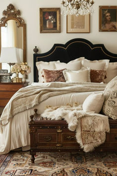 a bedroom with a large bed and lots of pictures on the wall above it, along with an antique trunk