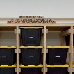 the shelves are filled with black and yellow bins