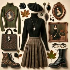 Academic Witch Aesthetic, Dark Moody Outfits, Cottage Core Office Outfits, Vintage Librarian Aesthetic, Academic Aesthetic Outfit, Vintage Cottagecore Outfits, Academic Style, Librarian Style