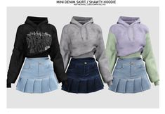 three different colored sweatshirts with pleated skirts on the bottom, and one in black