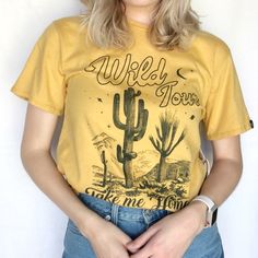 Sunflower Yellow Tee. Western Graphic With Planets And Moon. Extra Small 17” Pit To Pit 23.5” Length Medium 18.5” Pit To Pit 24” Length New With Tag. 100% Natural Cotton. Trendy Yellow T-shirt With Letter Print, Casual Yellow T-shirt With Letter Print, Yellow Retro T-shirt For Summer, Retro Yellow T-shirt For Spring, Yellow Graphic Tee With Letter Print, Yellow Letter Print Graphic Tee, Trendy Yellow Crew Neck T-shirt, Casual Yellow Crew Neck T-shirt, Vintage Yellow Tops With Screen Print