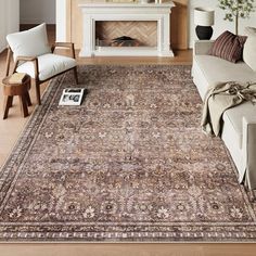 a living room filled with furniture and a large rug on top of a hard wood floor