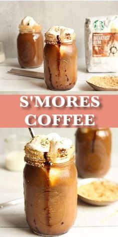 there are two mason jars filled with s'mores coffee