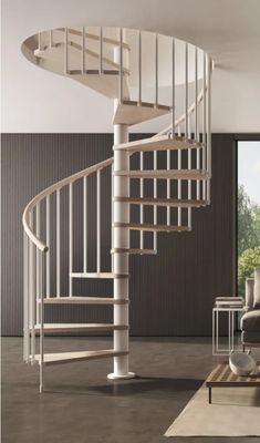 a living room with a spiral staircase in the center and a couch on the other side