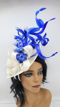 Beautiful sinamay Fascinator. Sinamay Royal Blue Wedding Fascinator Bridesmaids Hat Kentucky Derby Cocktail Party Tea Party Guest Easter - Ready to ship  - Lightweight - Free Shipping - Fast shipping - Customize by adding different color flowers and or feathers Check my store for styles and colors.  Hatsandpearls.etsy.com Find more at my website: Www.hatsandpearls.com  Reach out to me if you can't find what you are looking for.  I can make cake custom orders and help you style and match your out Spring Party Blue Fascinator, Elegant Blue Spring Fascinator, Spring Blue Feathered Fascinator, Luxury Blue Spring Fascinator, Kentucky Derby Cocktails, Blue Wide-brim Fascinator For Kentucky Derby, Hat Veil, Veil Hat, Hat Tea Party