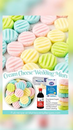 an ad for cream cheese wedding mints with pastel colors on the front and back