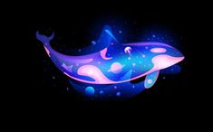 a blue and pink whale floating in the ocean with bubbles on it's side