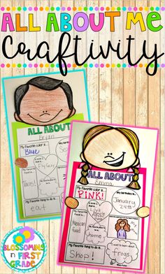 an all about me craftivity activity with two pictures and the words, all about me