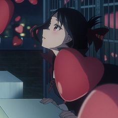 an anime character with heart shaped balloons in the air