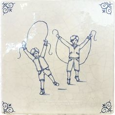 two children are playing with kites on a white tile background in blue and black