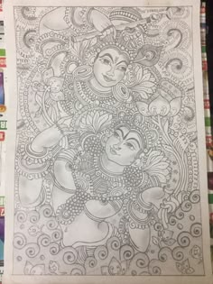 Kerala Mural Art Design, Mural Art Krishna, Mural Painting Outline Sketches, Kerala Drawing, Mural Sketch