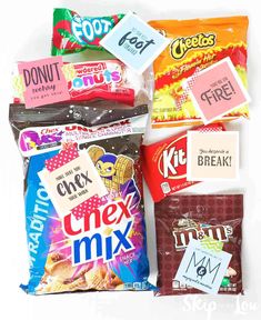 various candy bars and snacks are arranged on a white background with the words, chex mix written in large letters