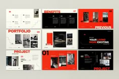 a series of brochures with red and black accents