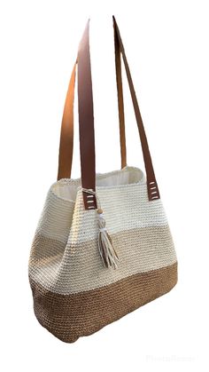 Tote BAG Crochet paper Yarn Beach Bag Leather Accessories - Etsy Brown Crochet Beach Bag, Cream Knitted Bag For Summer, Cream Knitted Summer Bag, Knitted Tote Beach Bag For Vacation, Cream Handwoven Shoulder Bag For Travel, Cream Knitted Crochet Tote Bag, Beach Season Cream Crochet Shoulder Bag, Knitted Straw Tote Bag For Vacation, Vacation Knitted Straw Tote Bag