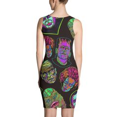 Make a statement and look fabulous in this all-over printed Classic Monsters fitted dress.  * 82% polyester, 18% spandex * Fabric weight: 6.78 oz/yd² (230 g/m weight may vary by 5% * Made with smooth, comfortable microfiber yarn * Material has a four-way stretch * Blank product components sourced from China Fitted Multicolor Digital Print Dress, Fitted Printed Dress For Night Out, Fitted Graphic Print Dresses For Night Out, Sleeveless Bodycon Dress With Graphic Print For Party, Black Summer Dress With Digital Print, Fitted Sleeveless Mini Dress In Multicolor Print, Fitted Dress With All Over Print For Spring, Summer Black Dress With Digital Print, Fitted Spring Dress With All Over Print