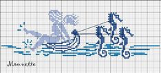 a cross stitch pattern with two people on a horse drawn carriage in blue and white