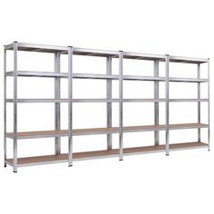 an empty metal shelving unit with wooden shelves