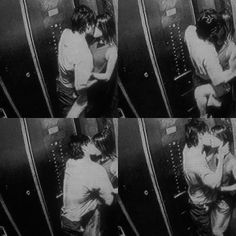 several images of two people standing next to each other in front of urinals