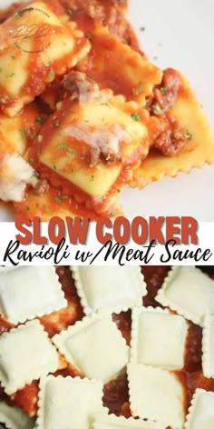 slow cooker ravioli with meat sauce is an easy and delicious dinner that's ready in under 30 minutes