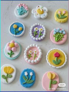 there are nine decorated cookies on the table together, each with different designs and colors