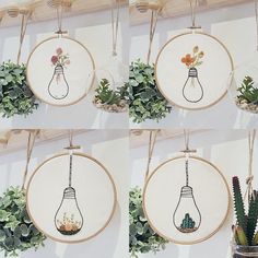 four pictures showing how to make a hanging light bulb with succulents and flowers