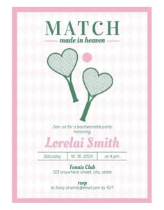 a pink and white flyer with two tennis rackets in the shape of hearts on it