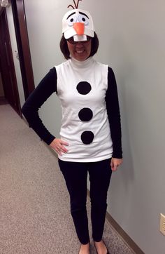 a woman wearing a costume made to look like a snowman