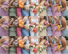 multiple pictures of women in different dresses holding flowers