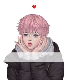 an anime character with pink hair wearing a black jacket and white shirt, holding his hands to his face